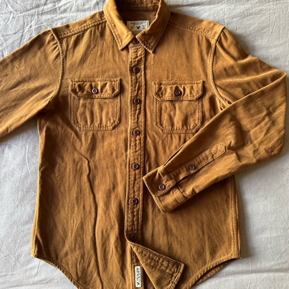 American Eagle Outfitters Golden Brown Suede Feeling Casual Button-Down Shirt